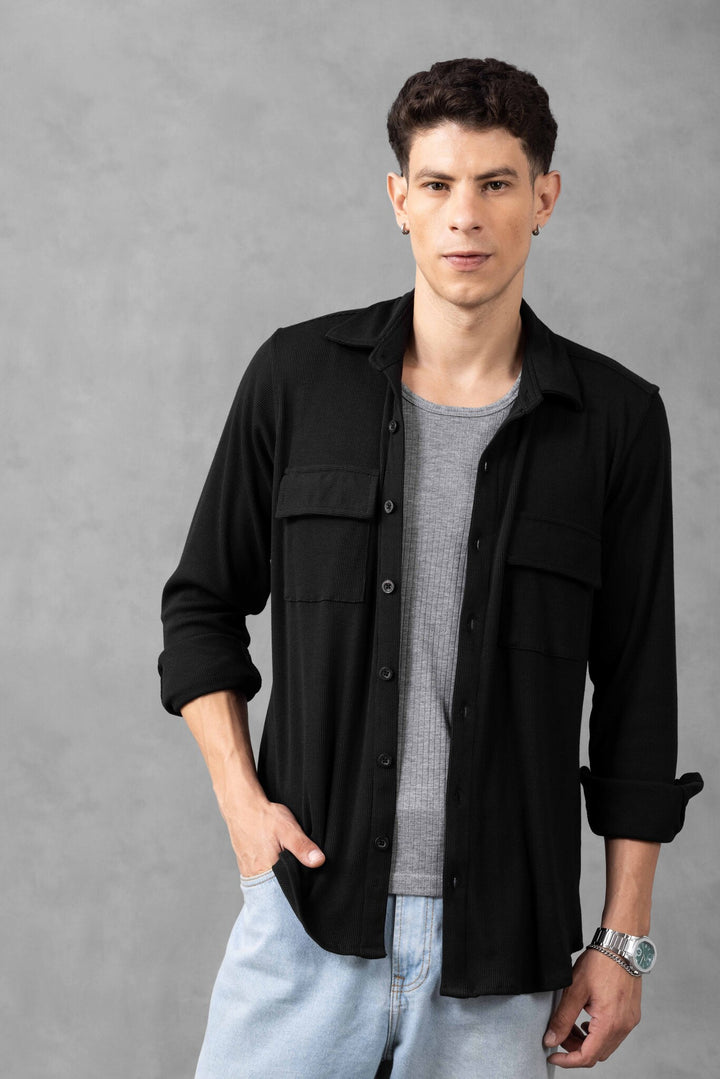Black Double Pocket Havy Rib Over Shirt