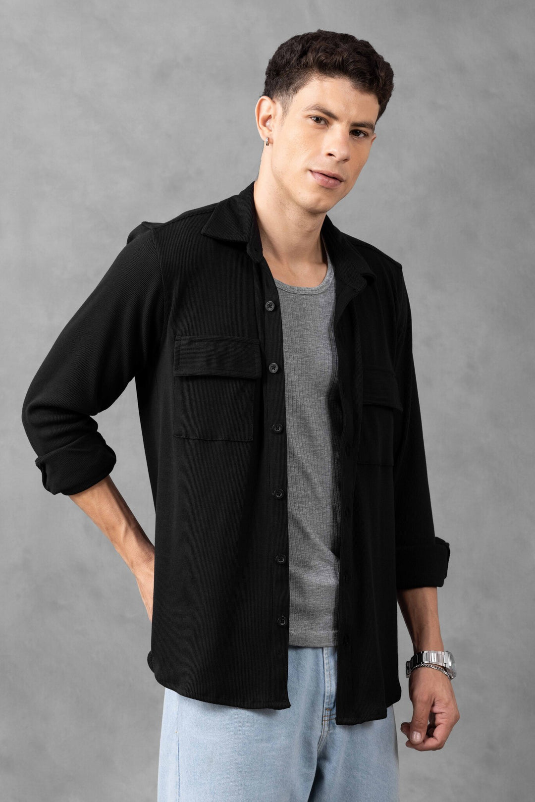Black Double Pocket Havy Rib Over Shirt