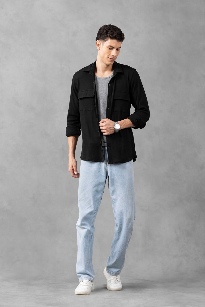 Black Double Pocket Havy Rib Over Shirt