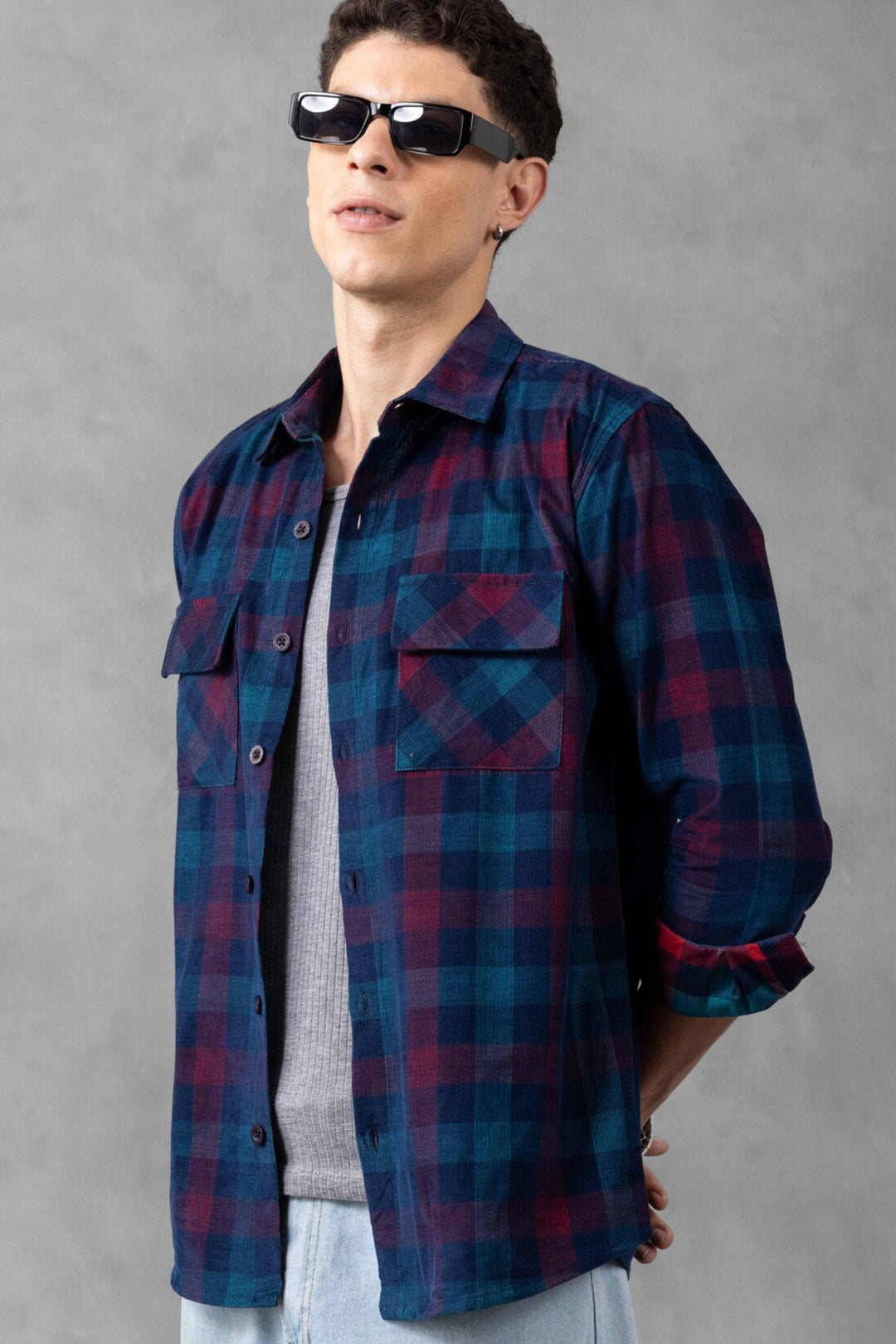 Red Navy Checked Double Pocket Over Shirt