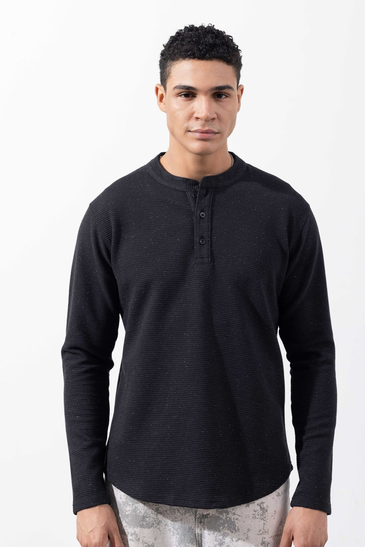 Black Full Sleeve Henley Neck T-Shirt