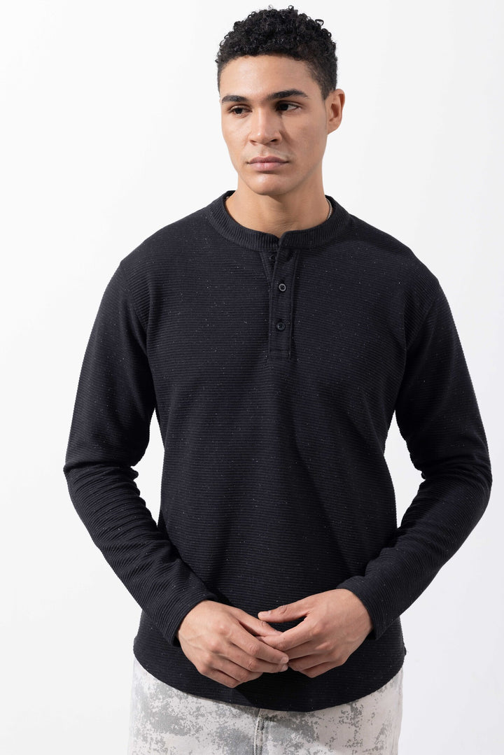 Black Full Sleeve Henley Neck T-Shirt