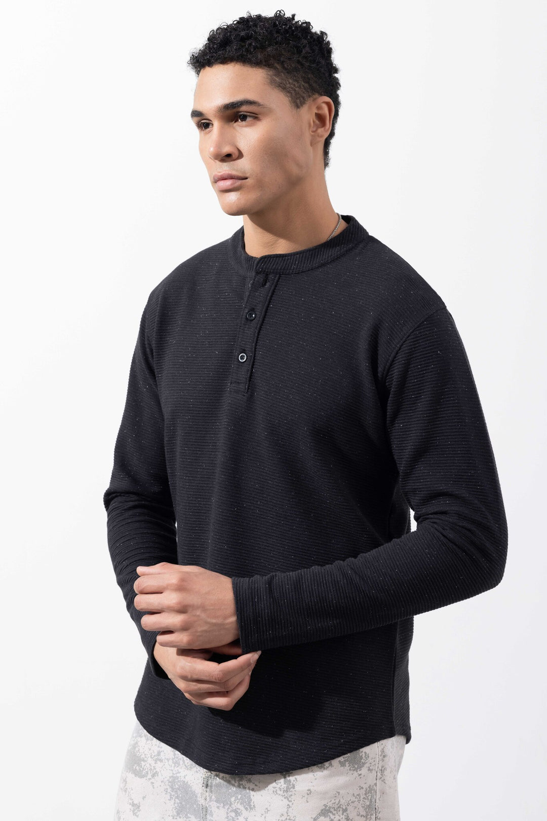 Black Full Sleeve Henley Neck T-Shirt