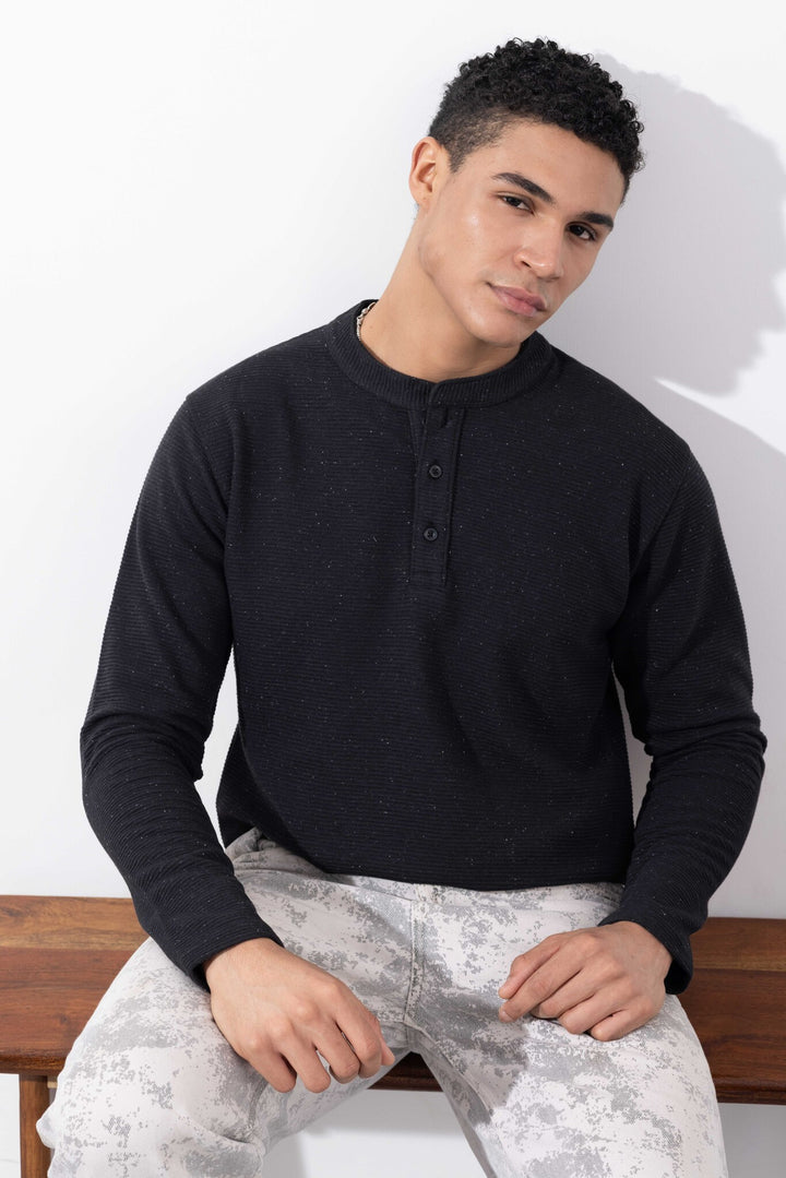 Black Full Sleeve Henley Neck T-Shirt