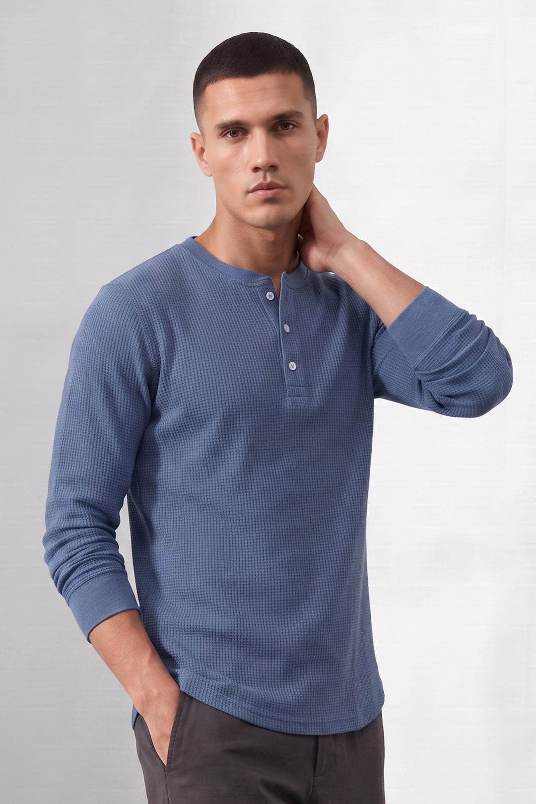 Blue Men’s Waffle Knit Henley T-Shirt | Full Sleeve Textured Casual Top | Button Placket Regular Fit Shirt for Casual & Everyday Wear