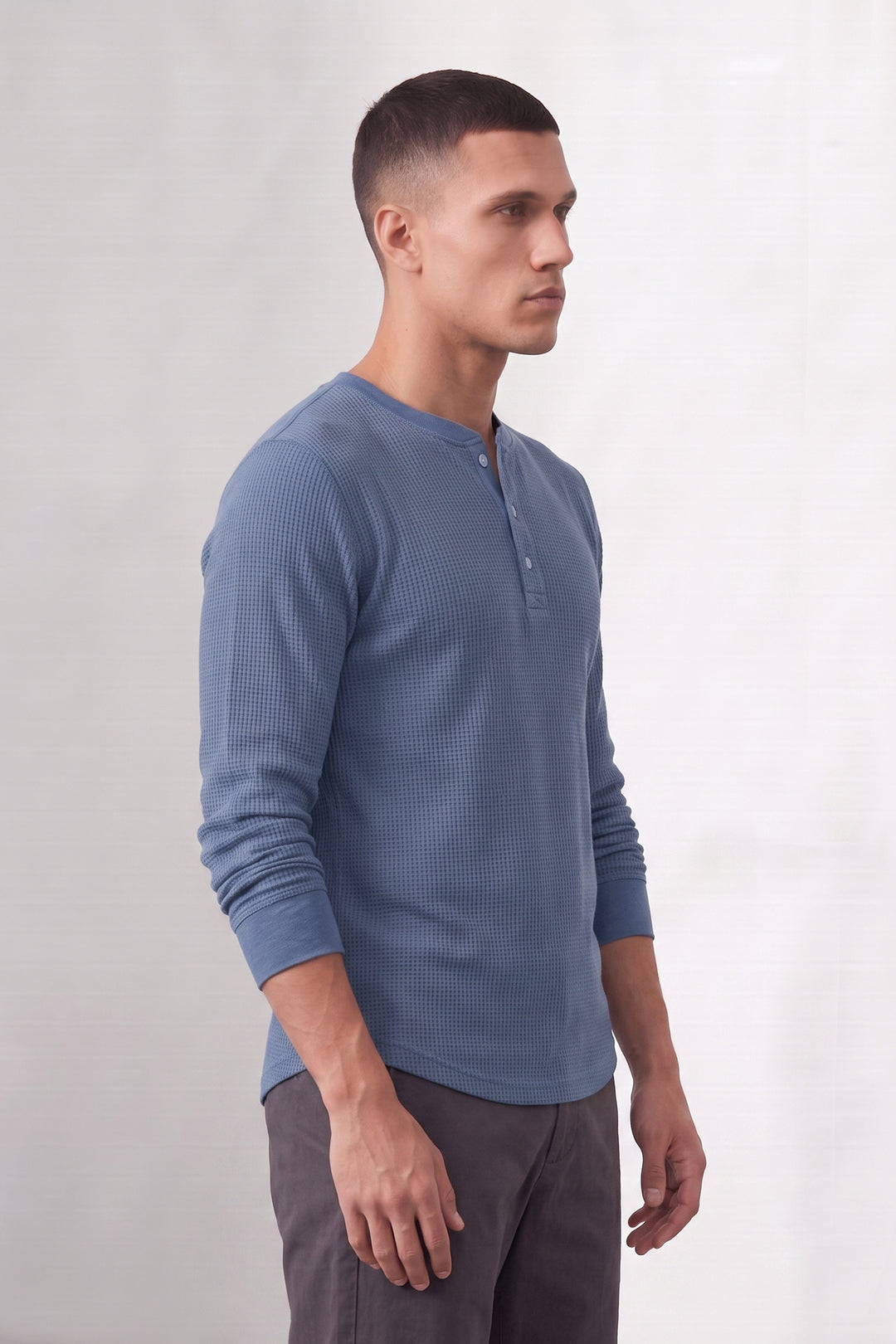 Blue Men’s Waffle Knit Henley T-Shirt | Full Sleeve Textured Casual Top | Button Placket Regular Fit Shirt for Casual & Everyday Wear