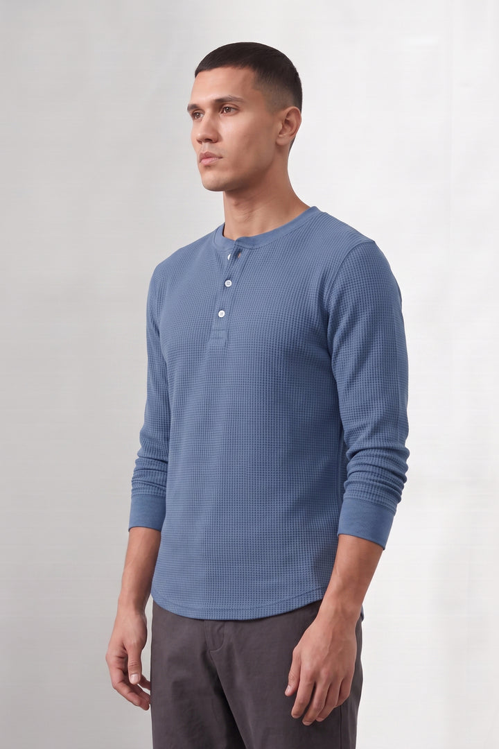 Blue Men’s Waffle Knit Henley T-Shirt | Full Sleeve Textured Casual Top | Button Placket Regular Fit Shirt for Casual & Everyday Wear
