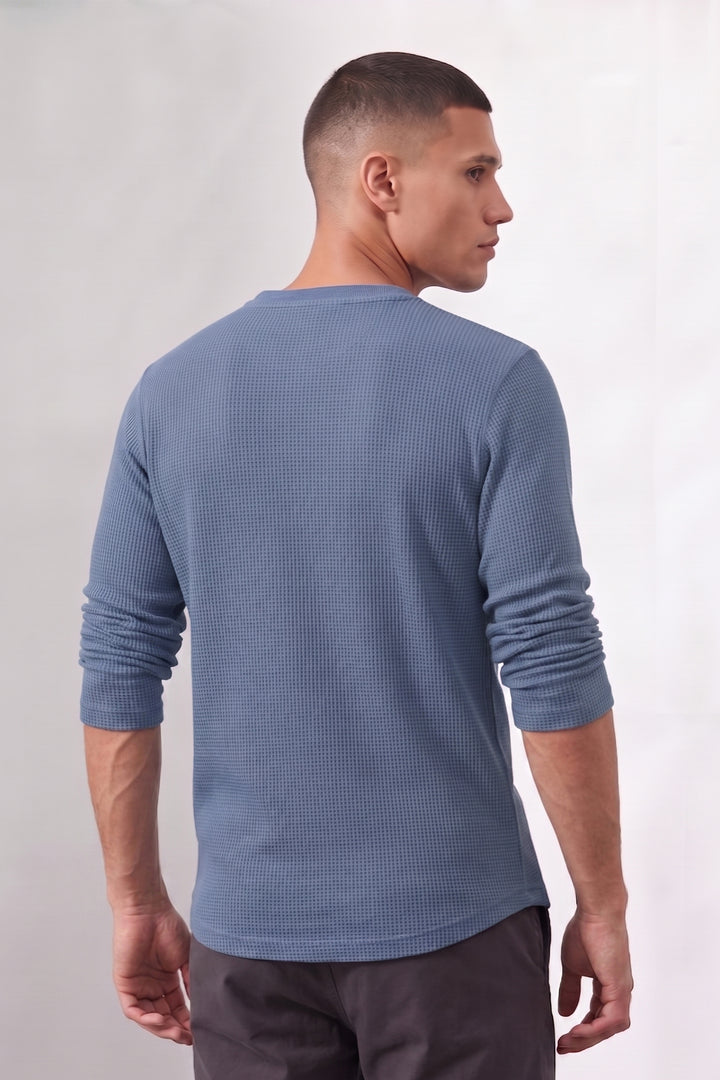 Blue Men’s Waffle Knit Henley T-Shirt | Full Sleeve Textured Casual Top | Button Placket Regular Fit Shirt for Casual & Everyday Wear