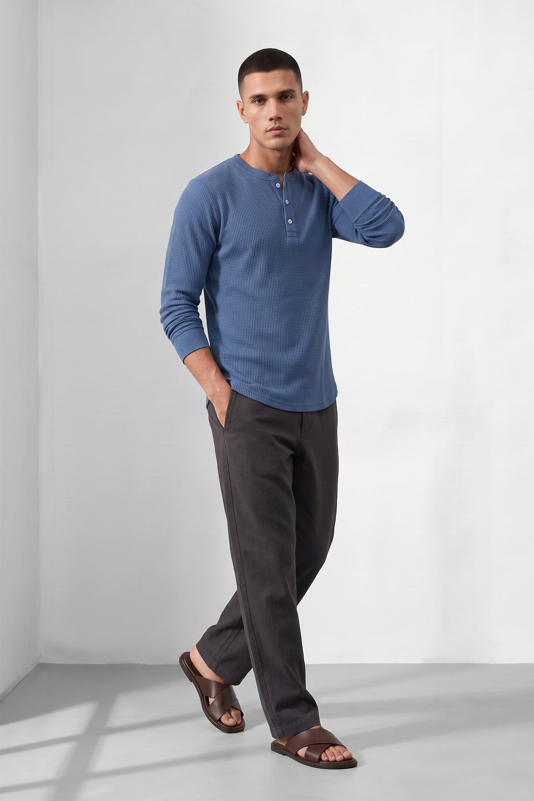 Blue Men’s Waffle Knit Henley T-Shirt | Full Sleeve Textured Casual Top | Button Placket Regular Fit Shirt for Casual & Everyday Wear