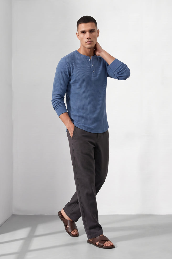 Blue Men’s Waffle Knit Henley T-Shirt | Full Sleeve Textured Casual Top | Button Placket Regular Fit Shirt for Casual & Everyday Wear