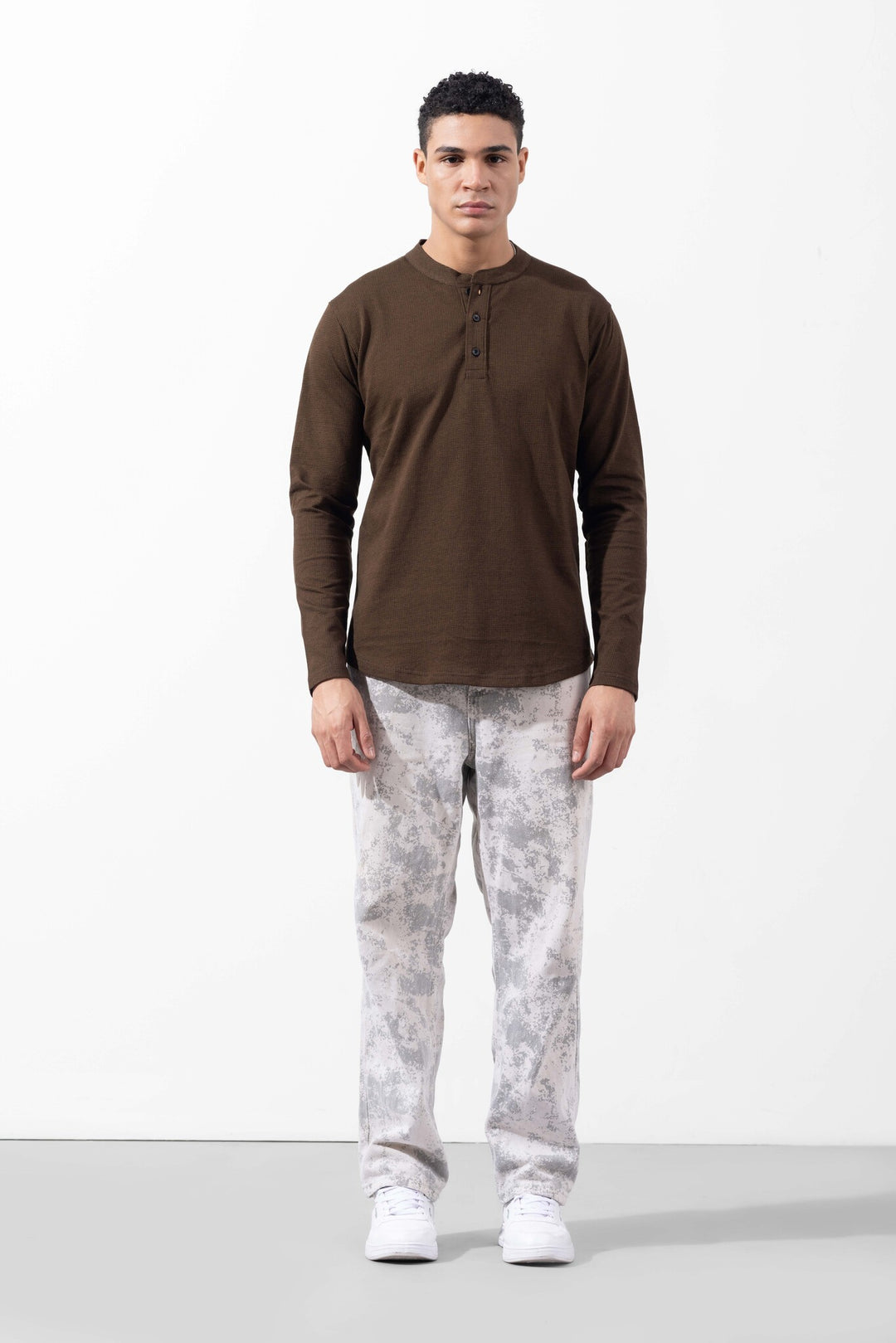 Brown Full Sleeve Self Design Henley T-Shirt