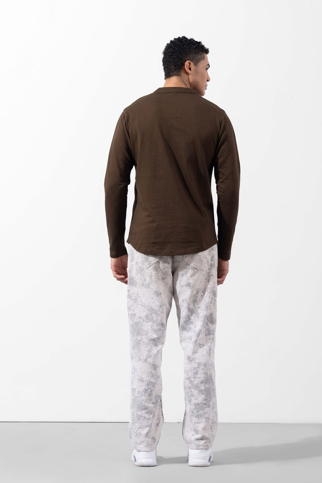 Brown Full Sleeve Self Design Henley T-Shirt