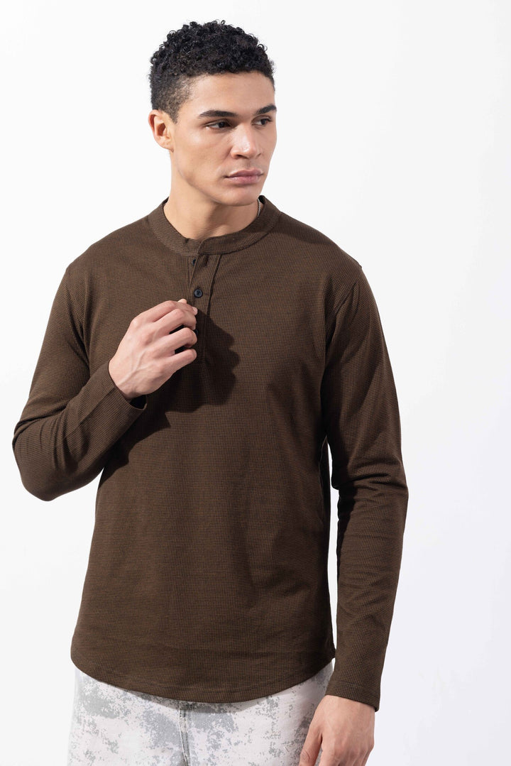 Brown Full Sleeve Self Design Henley T-Shirt