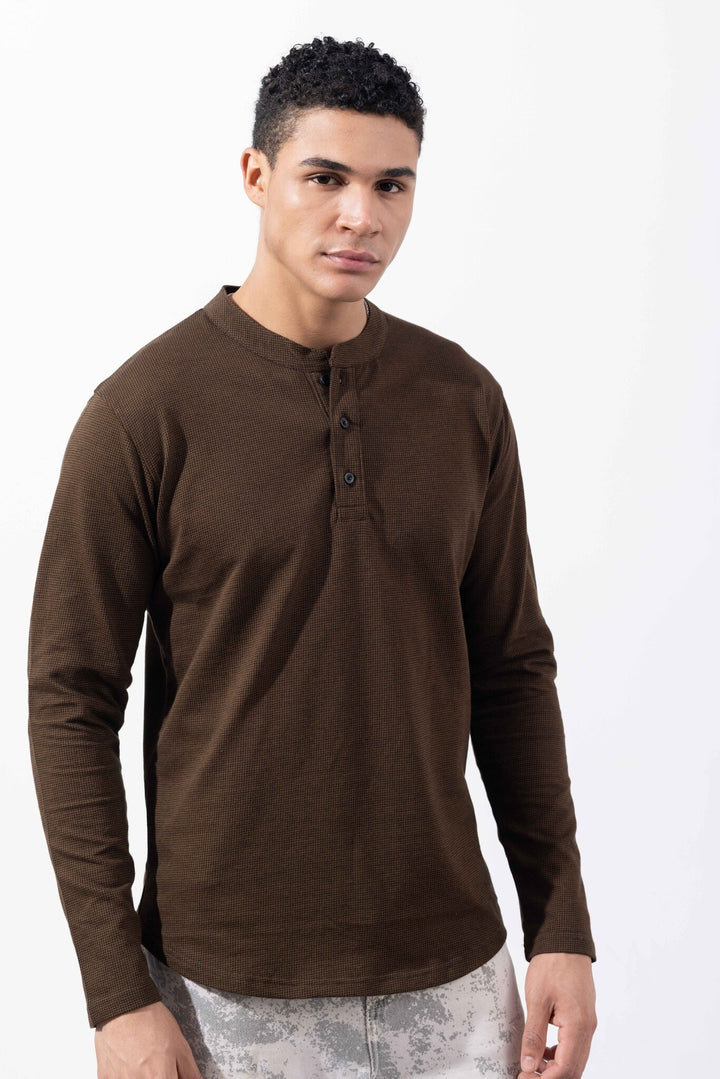 Brown Full Sleeve Self Design Henley T-Shirt