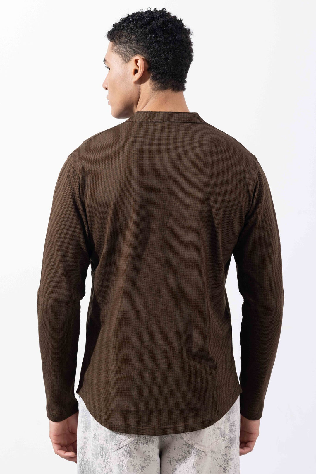 Brown Full Sleeve Self Design Henley T-Shirt