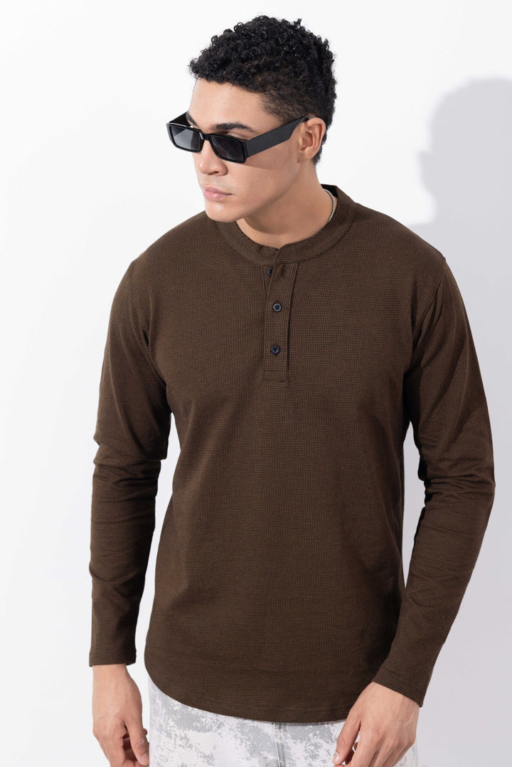 Brown Full Sleeve Self Design Henley T-Shirt
