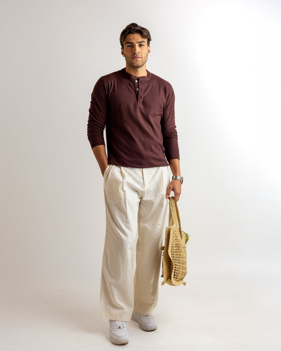 Dark Brown Self Waffle Knit Henley T-Shirt