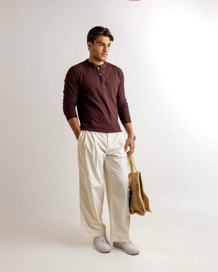 Dark Brown Self Waffle Knit Henley T-Shirt