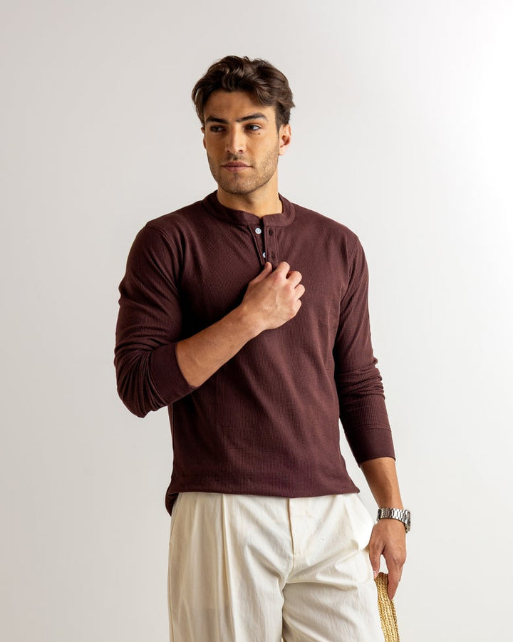 Dark Brown Self Waffle Knit Henley T-Shirt