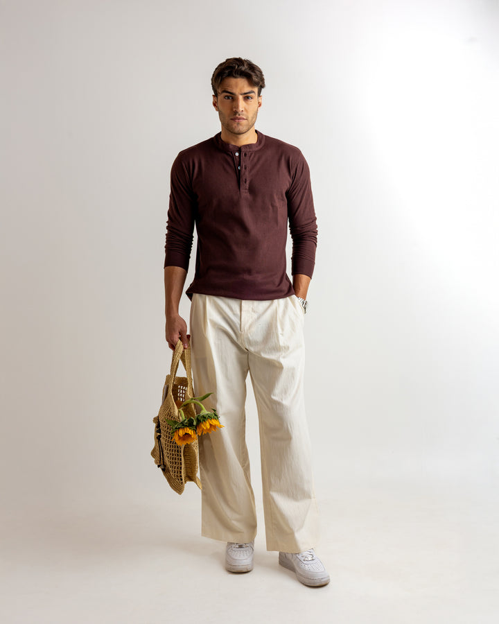 Dark Brown Self Waffle Knit Henley T-Shirt