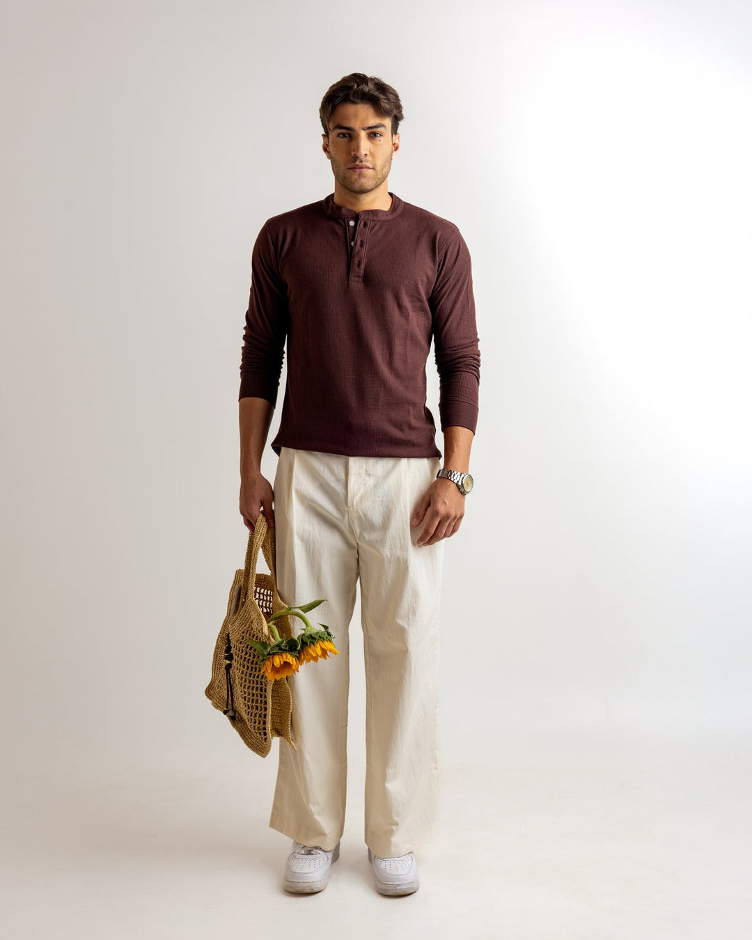 Dark Brown Self Waffle Knit Henley T-Shirt