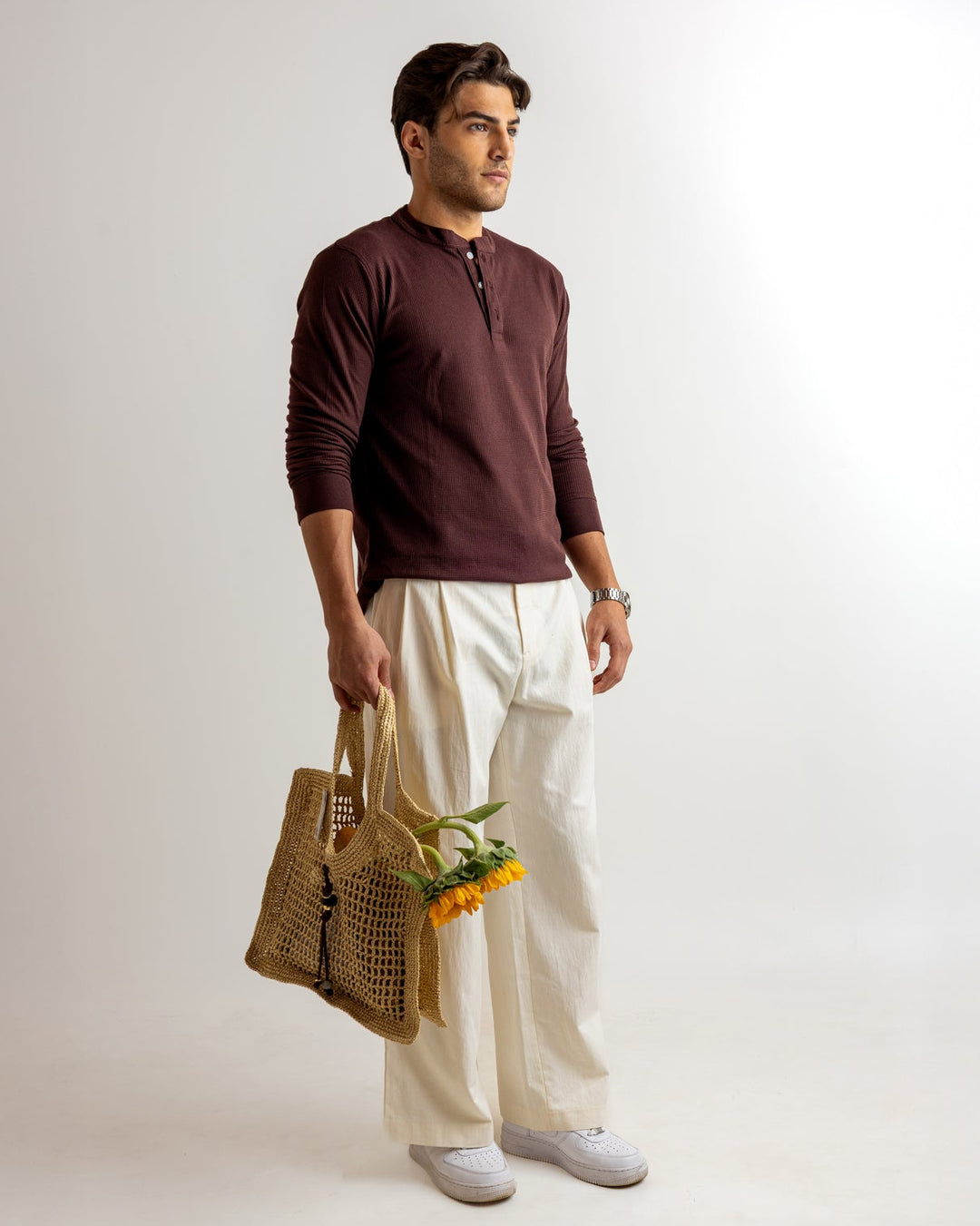 Dark Brown Self Waffle Knit Henley T-Shirt