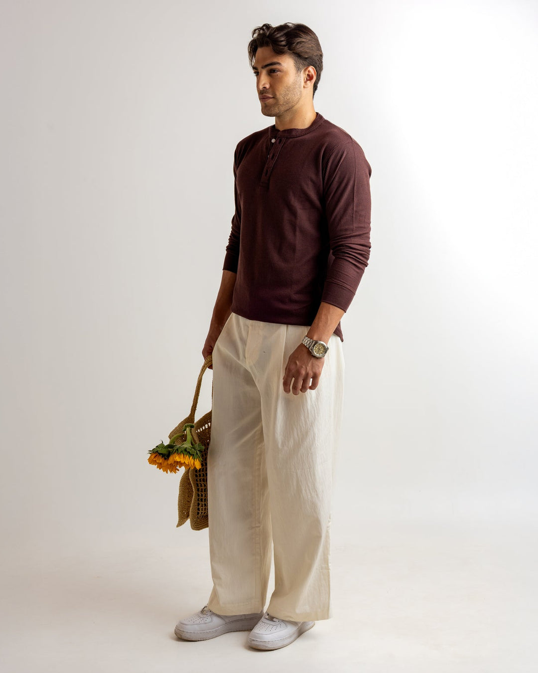 Dark Brown Self Waffle Knit Henley T-Shirt