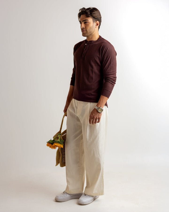 Dark Brown Self Waffle Knit Henley T-Shirt