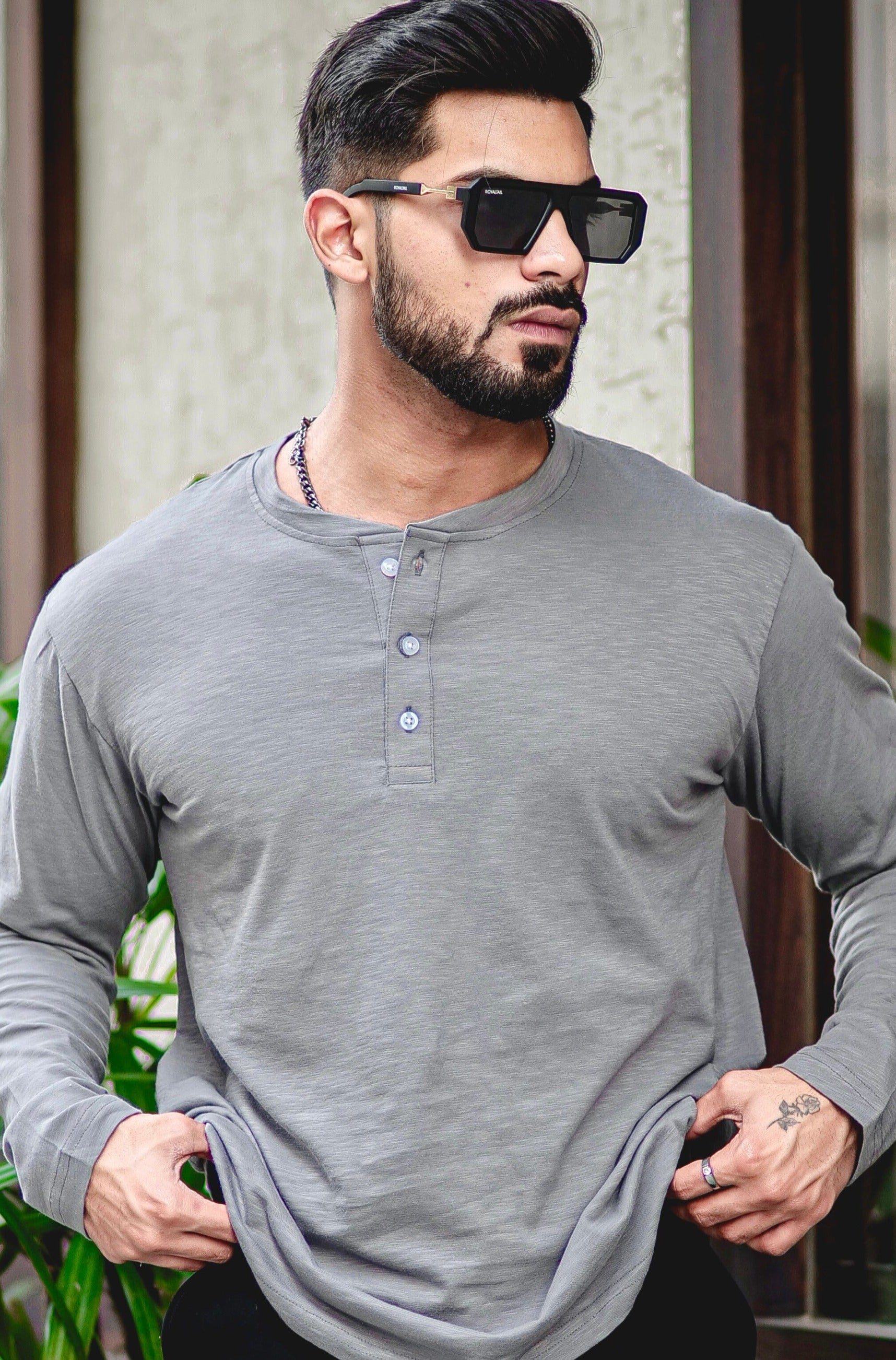 Dark Grey Self Design Slub Henley T-Shirt