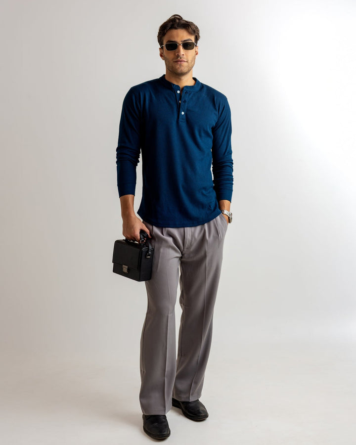 Dark Navy Waffle Knit Henley Neck T-Shirt
