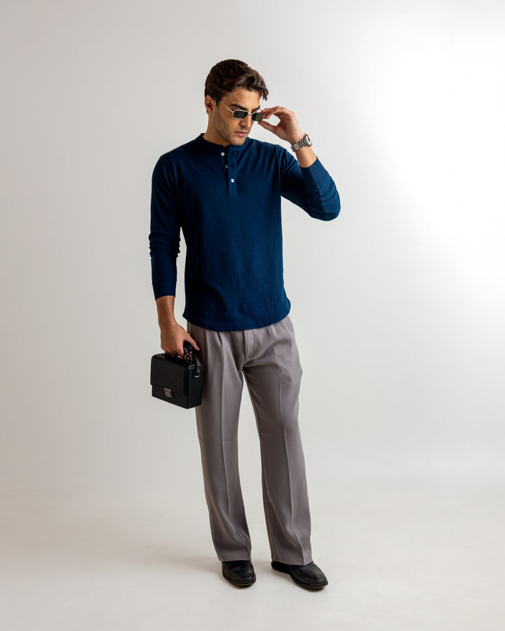 Dark Navy Waffle Knit Henley Neck T-Shirt