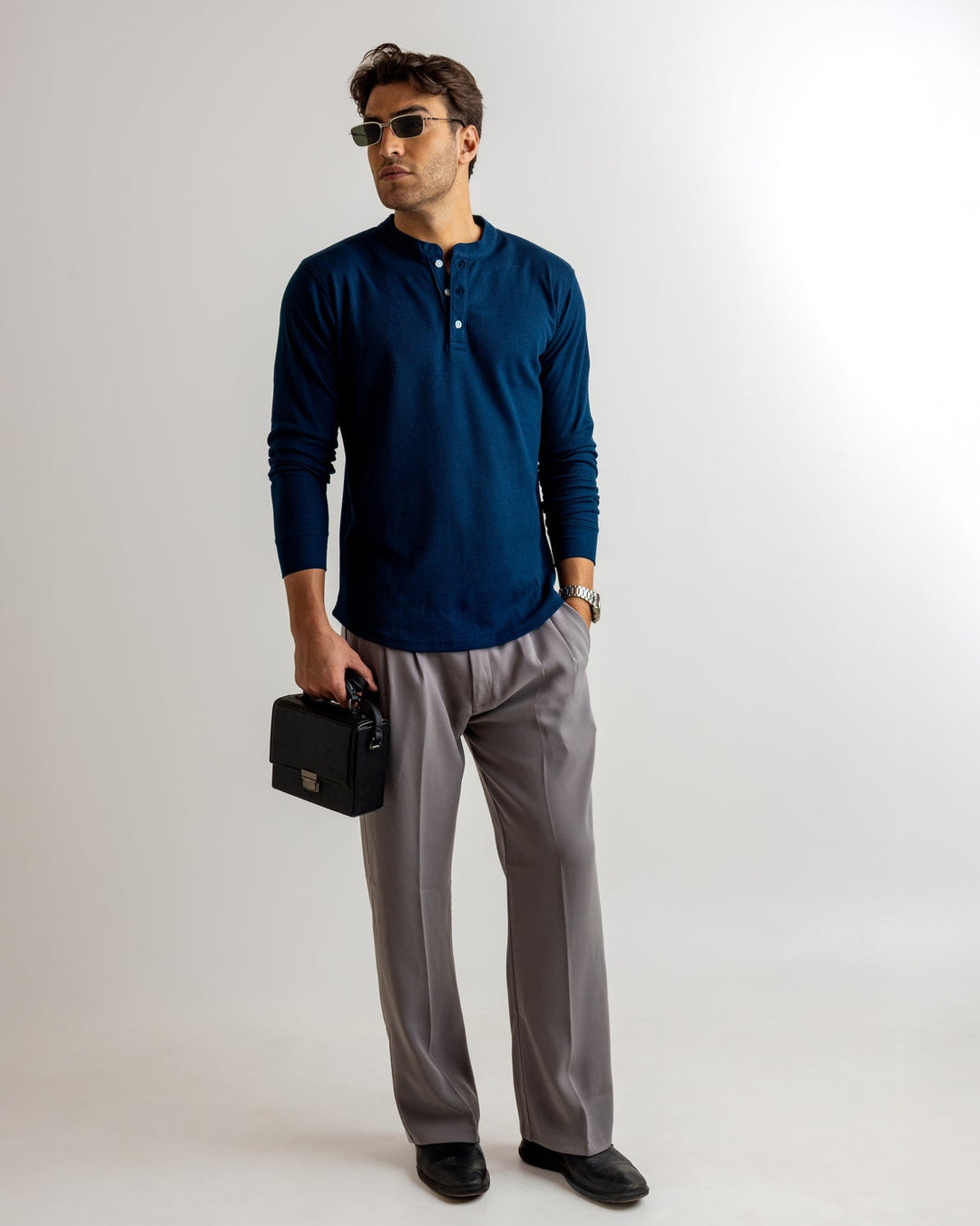 Dark Navy Waffle Knit Henley Neck T-Shirt