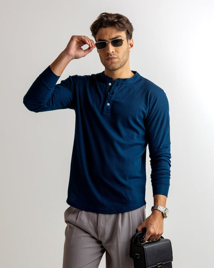 Dark Navy Waffle Knit Henley Neck T-Shirt