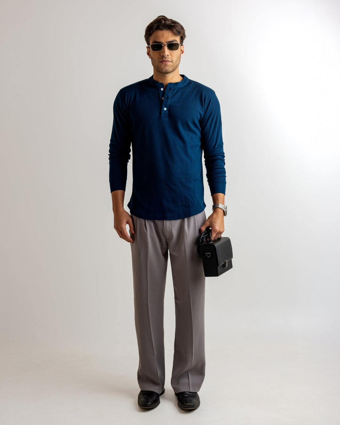 Dark Navy Waffle Knit Henley Neck T-Shirt