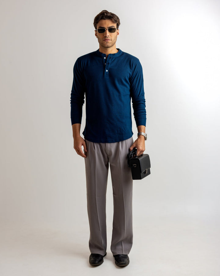 Dark Navy Waffle Knit Henley Neck T-Shirt