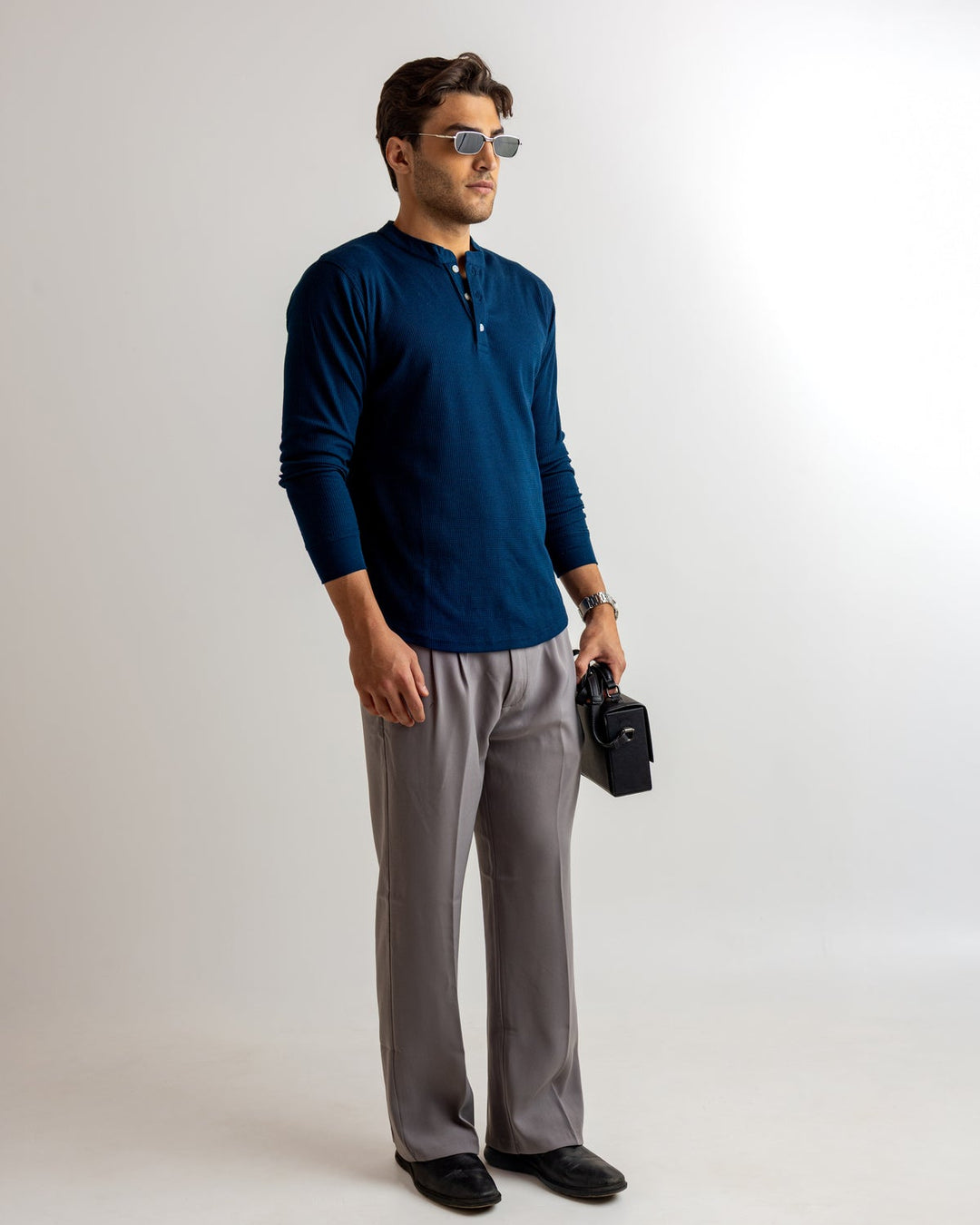 Dark Navy Waffle Knit Henley Neck T-Shirt