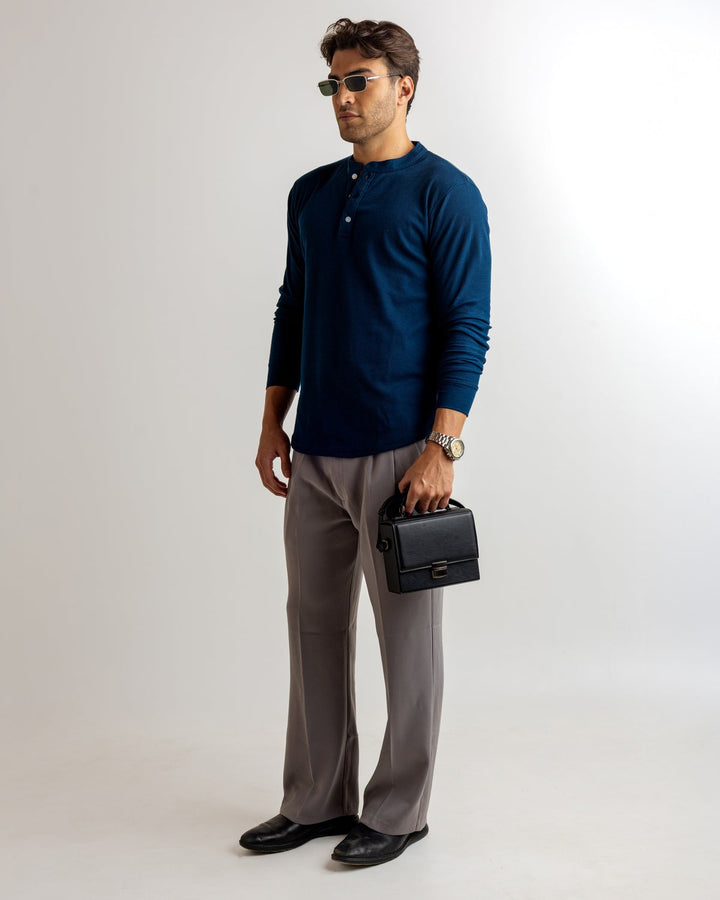 Dark Navy Waffle Knit Henley Neck T-Shirt