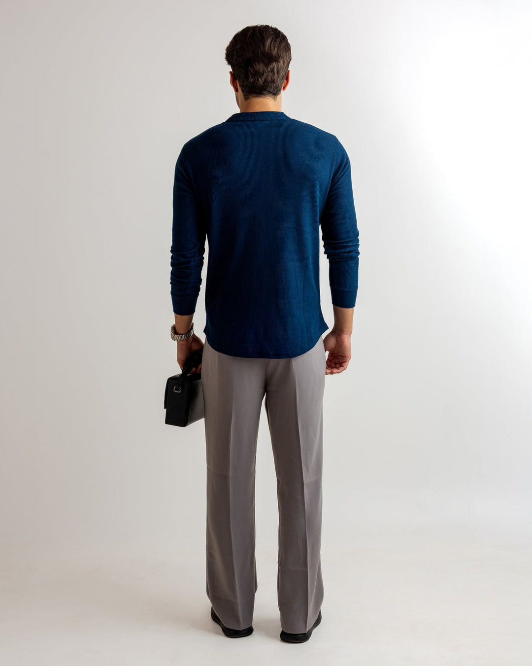 Dark Navy Waffle Knit Henley Neck T-Shirt