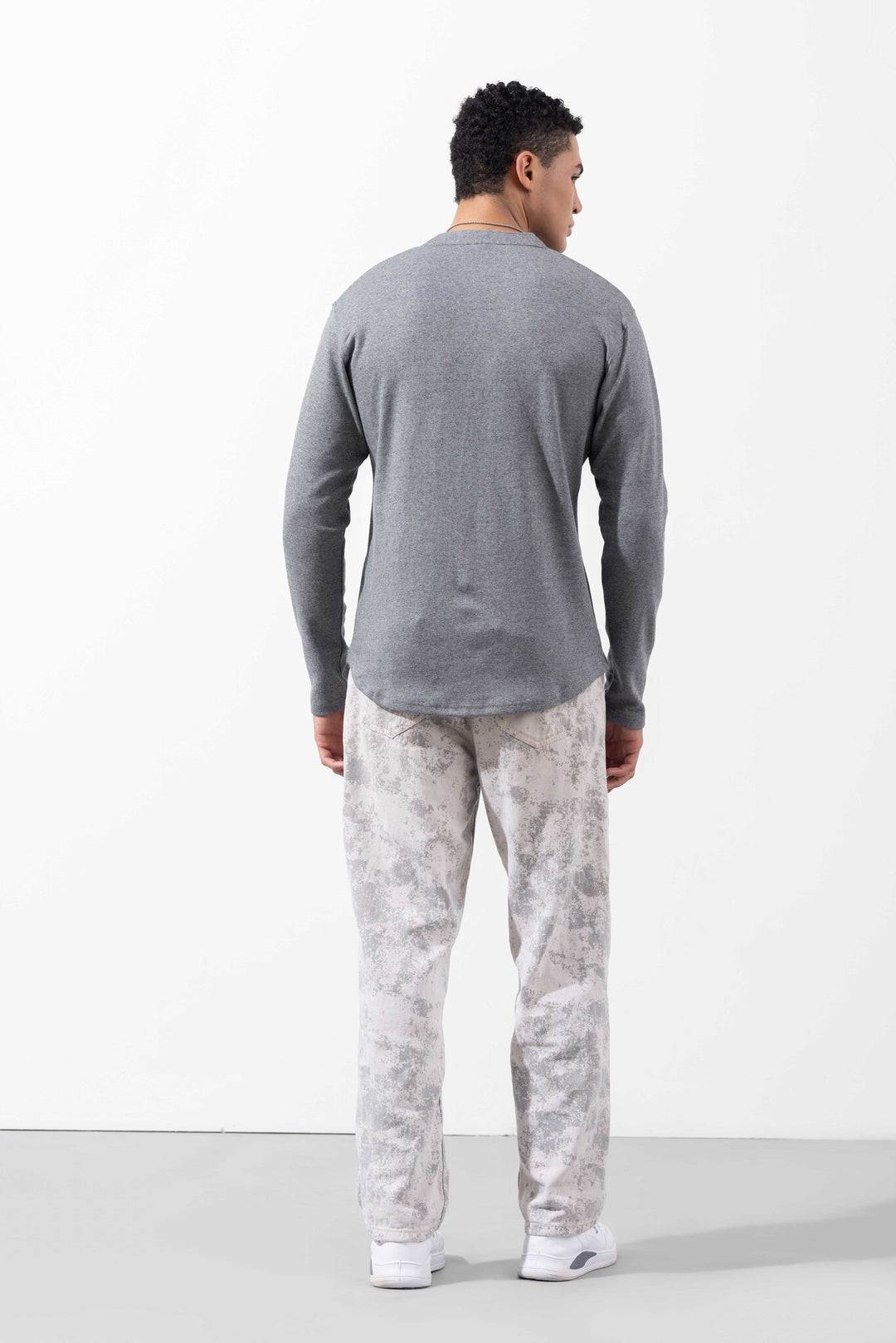Grey Full Sleeve Self Design Henley T-Shirt