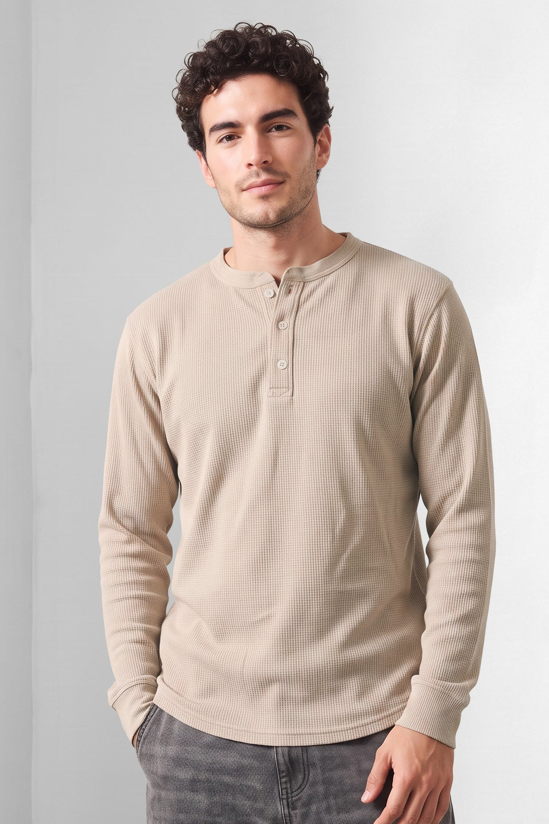 Cream Waffle-Knit Long Sleeve Henley T-Shirt