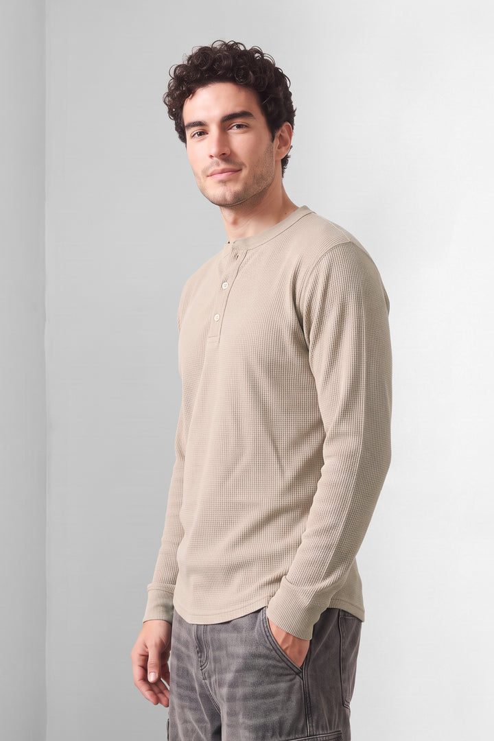 Cream Waffle-Knit Long Sleeve Henley T-Shirt