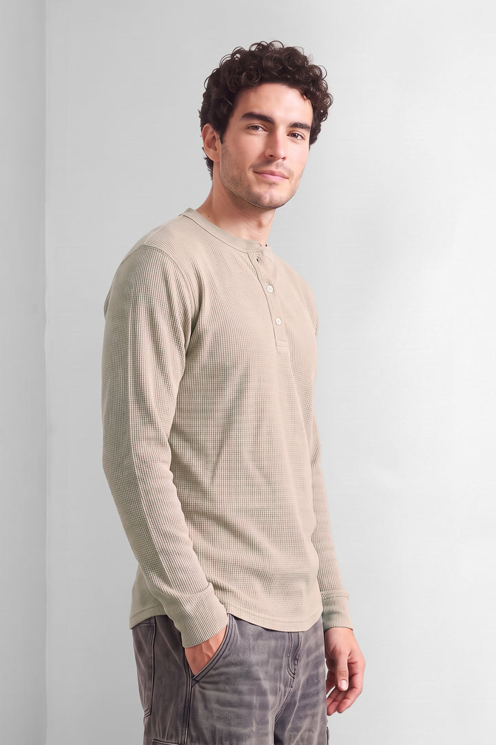 Cream Waffle-Knit Long Sleeve Henley T-Shirt