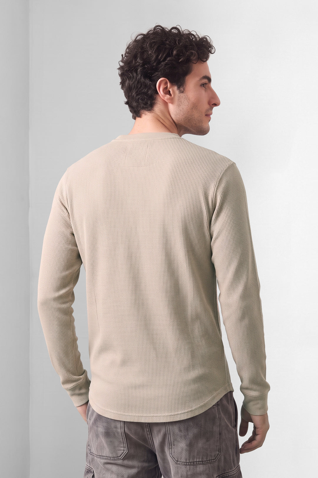 Cream Waffle-Knit Long Sleeve Henley T-Shirt