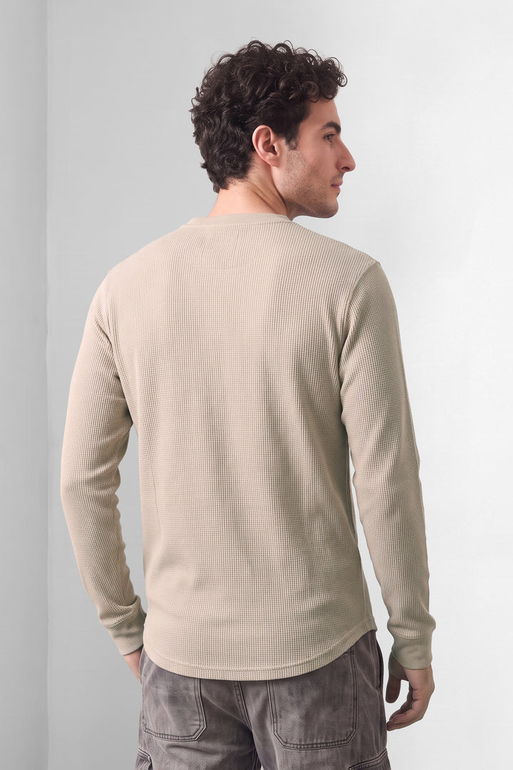 Cream Waffle-Knit Long Sleeve Henley T-Shirt