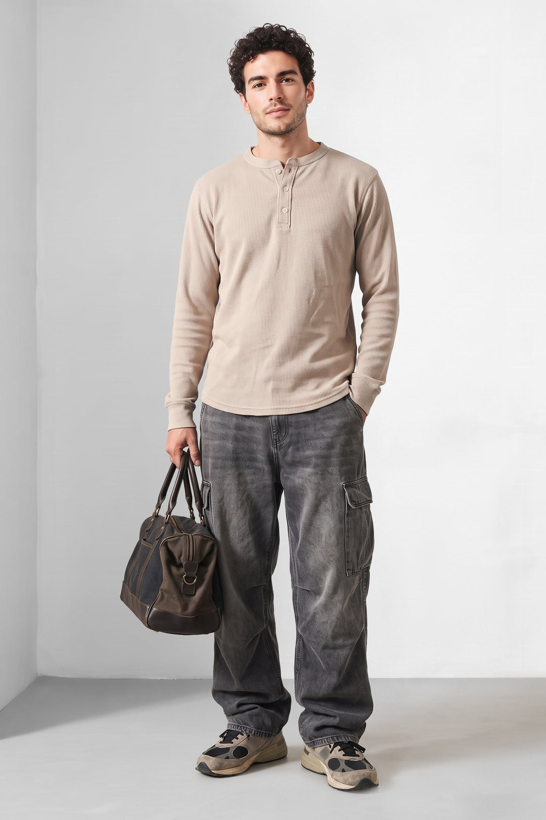 Cream Waffle-Knit Long Sleeve Henley T-Shirt