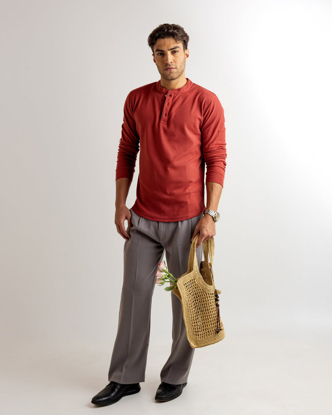 Rust  Waffle Knit Henley Neck T-Shirt