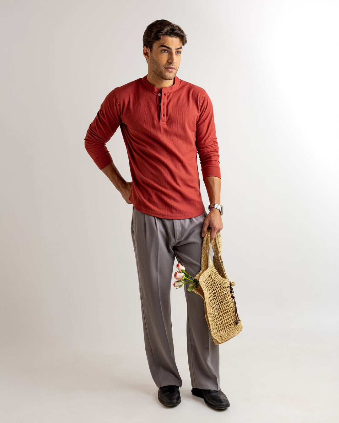 Rust  Waffle Knit Henley Neck T-Shirt
