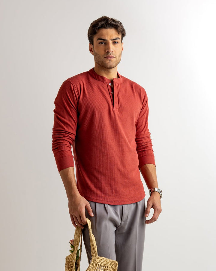 Rust  Waffle Knit Henley Neck T-Shirt