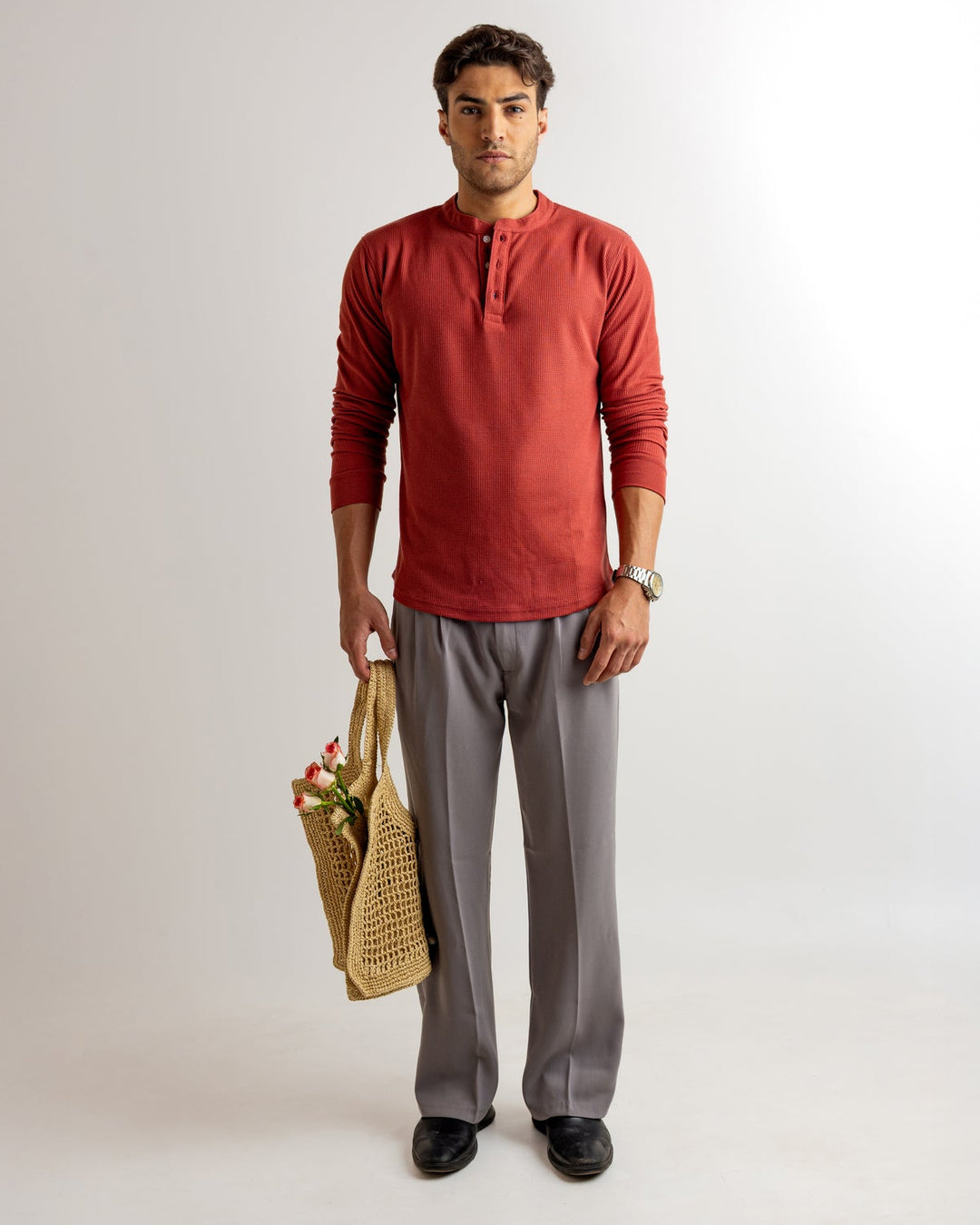 Rust  Waffle Knit Henley Neck T-Shirt