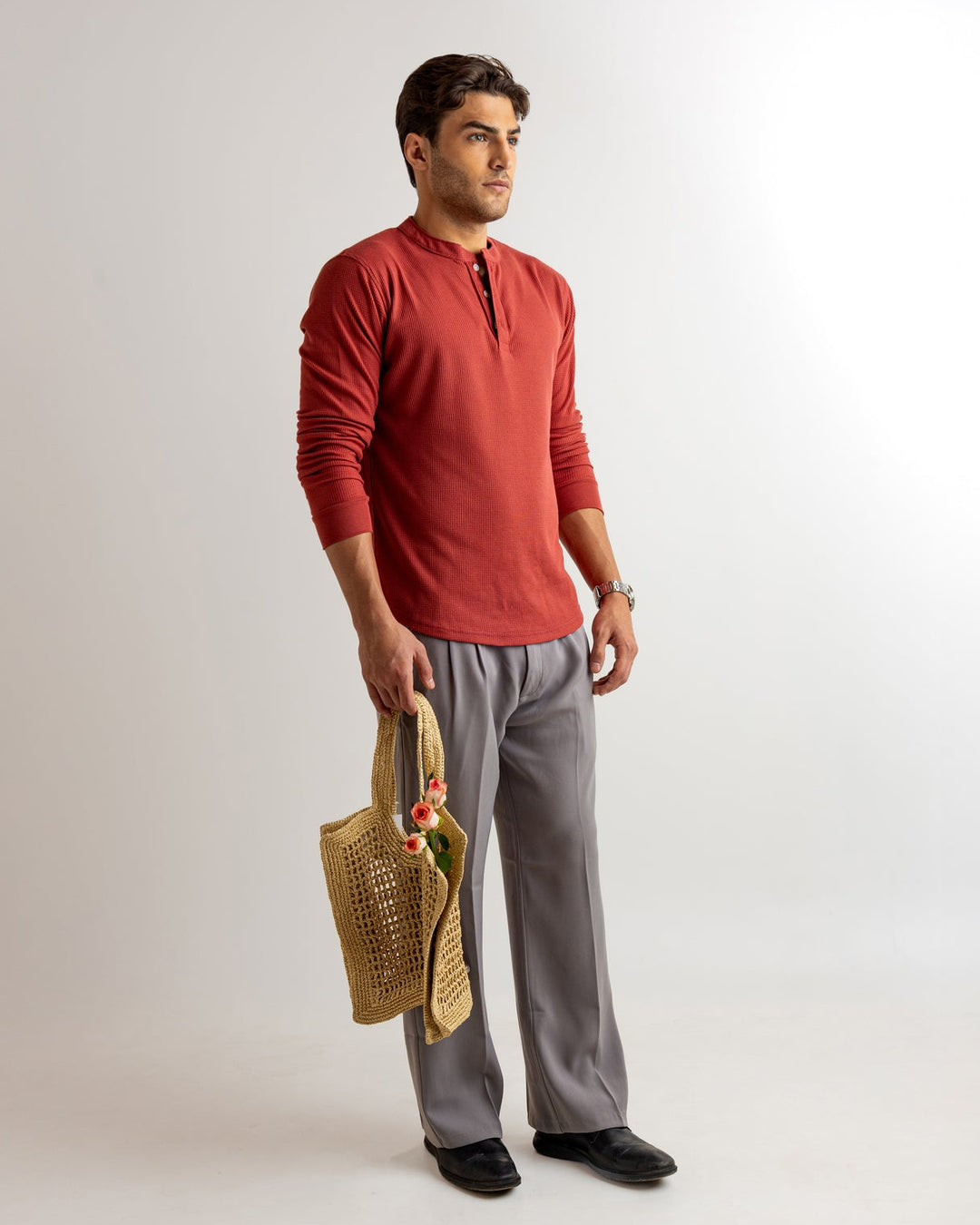 Rust  Waffle Knit Henley Neck T-Shirt